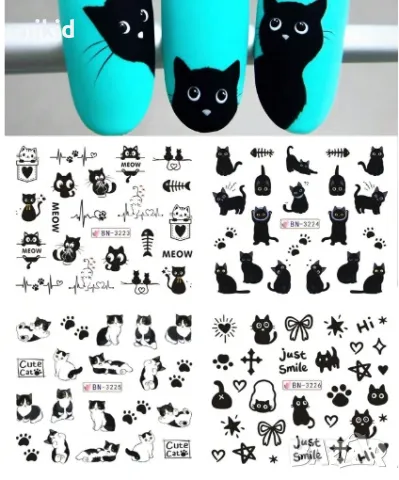 лист 12 в 1 черно коте котки котета слайдер татос ваденки водни стикери за нокти маникюр, снимка 4 - Продукти за маникюр - 47399484