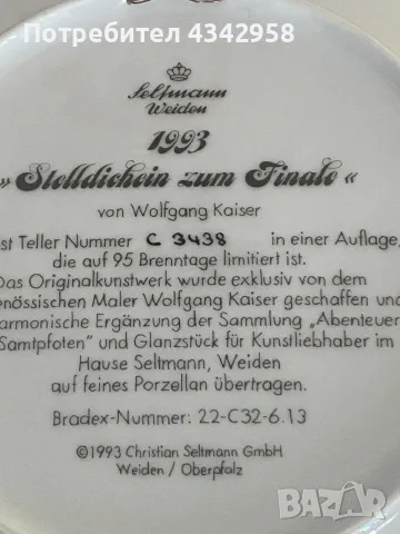 🐱 Колекционерска порцеланова чиния Seltmann Weiden – 1993 г., снимка 6 - Други ценни предмети - 55940463