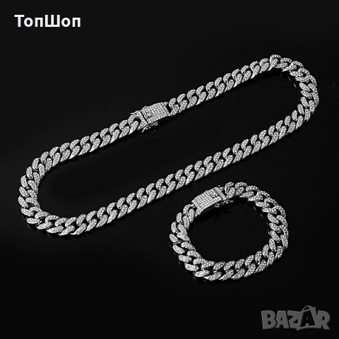 Bling Bling Хип-хоп ланец и гривна - Комплект - 3 модела, снимка 3 - Бижутерийни комплекти - 30410022