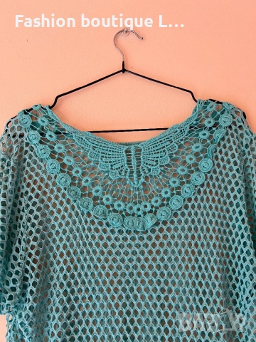 Тюркоазена блуза с дантела къс ръкав L размер 👗, снимка 2 - Тениски - 51846139