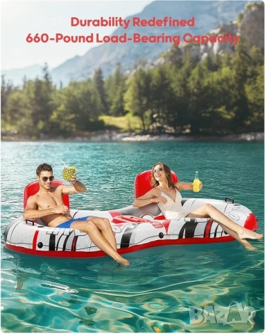 Надуваем двоен воден дюшек QPAU, капацитет 270 кг, 273 см, с ергономична облегалка, охладител, снимка 3 - Водни спортове - 50445600