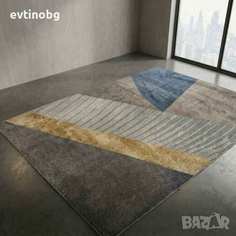 Луксозен Килим за Хол 120х160см – Сиво със Златна лента и 3D ефект, Противоплъзгащ и Миещ се