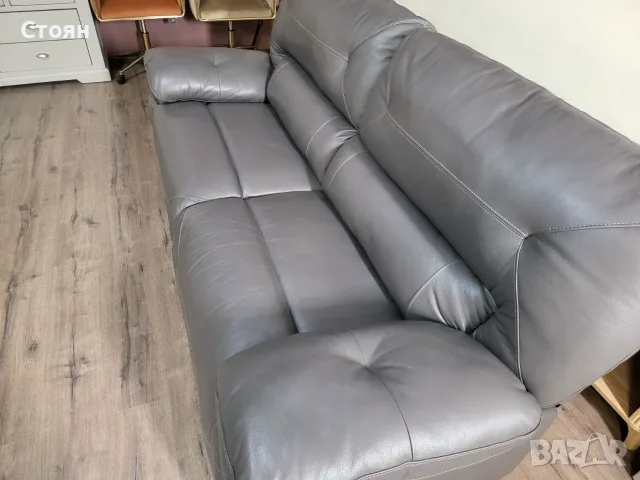 Сив кожен диван тройка, снимка 5 - Дивани и мека мебел - 56509733