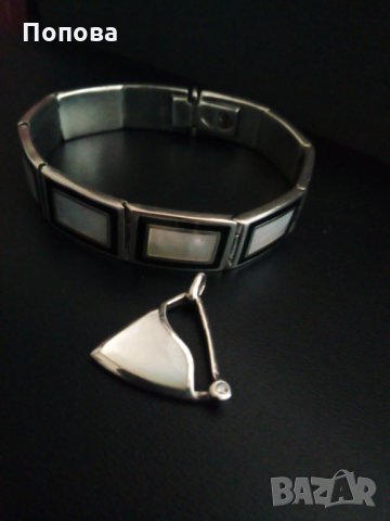 Дизайнерски сребърен масивен лот  с оникс и седеф /гривна и медальон/, снимка 5 - Бижутерийни комплекти - 31968256