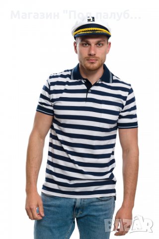 Нов мъжки комплект: моряшка блуза с яка и капитанска шапка, снимка 3 - Тениски - 29975171