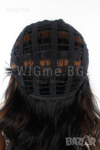 Черна перука с кестеняви кичури на вълни с бретон Дейзи, снимка 2 - Аксесоари за коса - 37905879