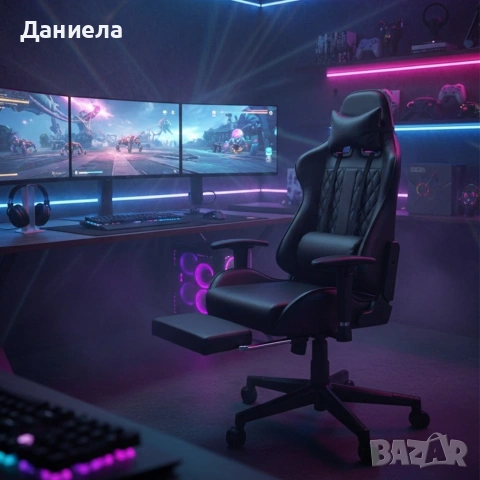 Геймърски стол с прибираща се подложка за крака и функция за масаж - черен, снимка 3 - Столове - 53237764