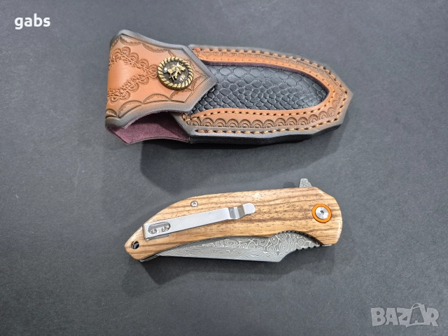 Сгъваем нож дамаска стомана с кожена кания,SD16, снимка 6 - Ножове - 52949472