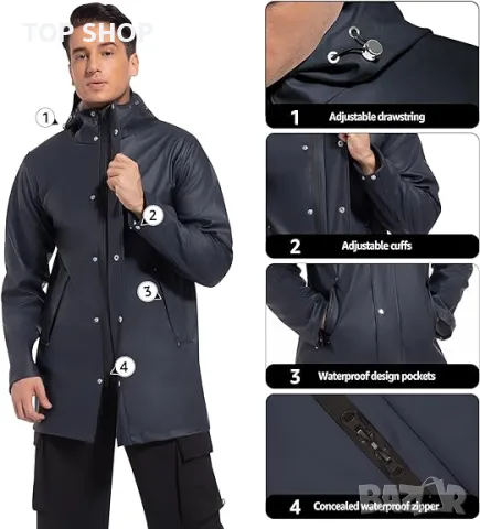 UNIQUEBELLA Дъждобран за мъже, водоустойчиво, ветроустойчиво яке за дъжд с качулка, черно, снимка 4 - Якета - 49866167