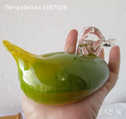 Стъклено преспапие масивна птица патка гъска фигура статуетка и  кутия антика метална