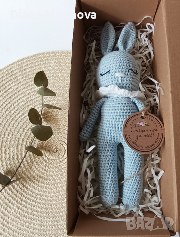 Детска играчка ръчна изработка, плетено зайче, дрънкалка и клипс за биберон, подарък за бебе, снимка 7 - Други - 41480447