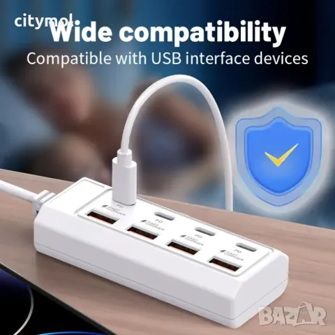 8-портово зарядно устройство за бързо зареждане, 25W, 4 USB + $ Type C порта, 100 см кабел, снимка 5 - Оригинални зарядни - 50277184