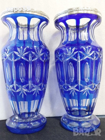 Комплект Прекрасни кристални вази със сребърни гривни''Бохемия кристал-1900 год.сребро 800, снимка 8 - Вази - 52565851