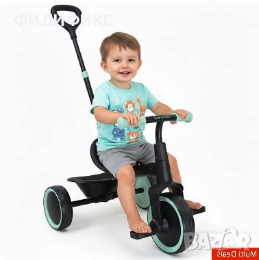 Детска триколка 2 в 1 – защитен колан, черно и мента – детска вело триколка – НОВА