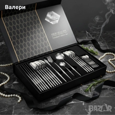 Комплект прибори за хранене в сребрист цвят от 24 части с луксозен дизайн и магнитна кутия, снимка 4 - Прибори за хранене, готвене и сервиране - 53201360