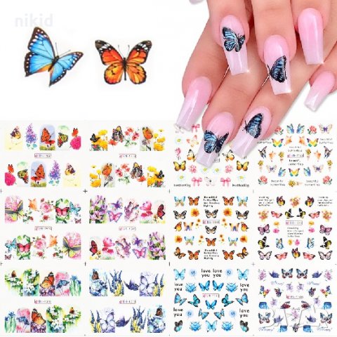 лист 12 в 1 различни Пеперуди слайдер татос ваденки водни стикери за нокти маникюр