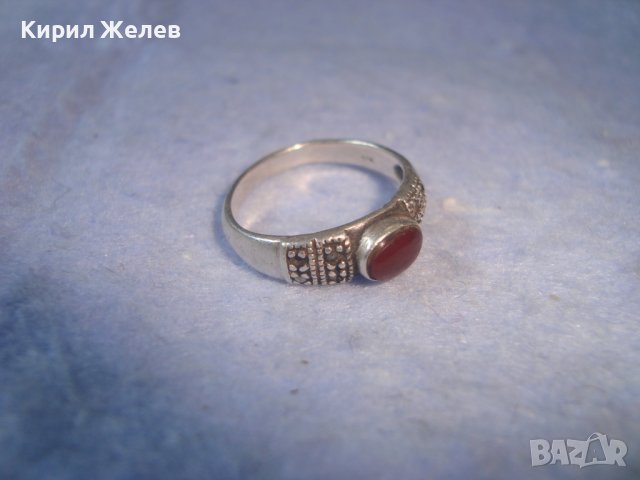 СТАРИНЕН СРЕБЪРЕН с ЧЕРВЕН КЕХЛИБАР АРТ ДЕКО ПРЪСТЕН СРЕБРО 925 с 3 МАРКИРОВКИ и МАРКАЗИТИ 27192, снимка 9 - Антикварни и старинни предмети - 36869057