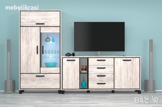 Модулна секция Евелин 2 - Дъб бланко/Антрацит - с LED осветление и плавно затваряне