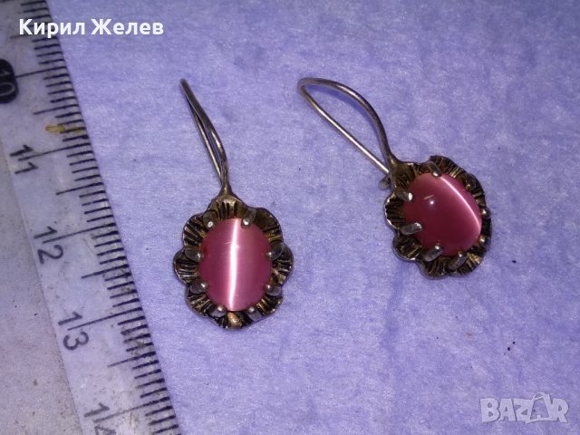 ПРЕКРАСНИ РЕТРО АРТ НУВО СТИЛ СРЕБЪРНИ ОБЕЦИ СРЕБРО 925 с РОЗОВО КОТЕШКО ОКО РЪЧНА ИЗРАБОТКА 27701, снимка 4 - Обеци - 42845707