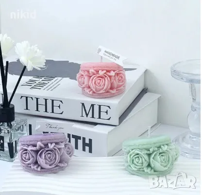 3D Голям макарон слепени бисквитки с рози кръгъл силиконов молд форма смола свещ гипс сапун декор, снимка 2 - Форми - 47286635