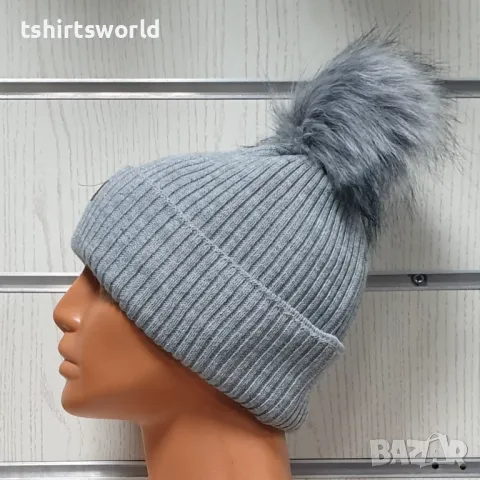 Нова зимна топла дамска шапка Silver Star в сив цвят с пух/помпон, снимка 3 - Шапки - 47926811