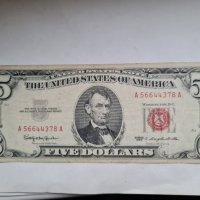 SCARCE. USA 🇺🇸  $ 5 DOLLARS 1963 год. Червен Печат с Мото, снимка 1 - Нумизматика и бонистика - 36594532