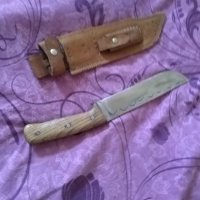 Ловен нож голям  с нов калъф естествена кожа 320х190мм дървена дръжка бряст с точило, снимка 6 - Ножове - 38518181