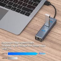 USB 3.0 хъб, TechRise 3-портов USB хъб за данни с 10/100/1000Mbps Gigabit Ethernet адаптер, снимка 4 - Мрежови адаптери - 35471261