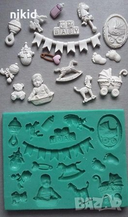 Бебешки банер крачета количка играчки голям силиконов молд форма украса торта фондан гипс бисквитки, снимка 1