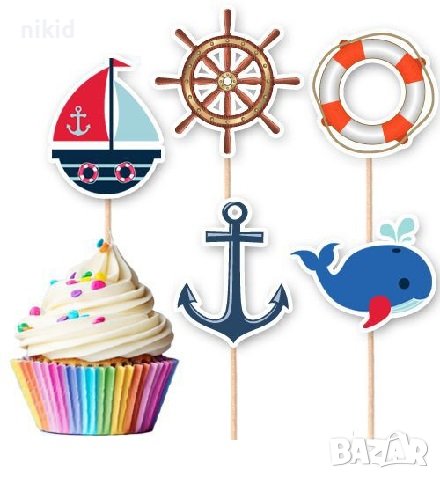 10 бр Морски кораб котва рул кит пояс Морско парти топери клечки за мъфини декорация и украса, снимка 1