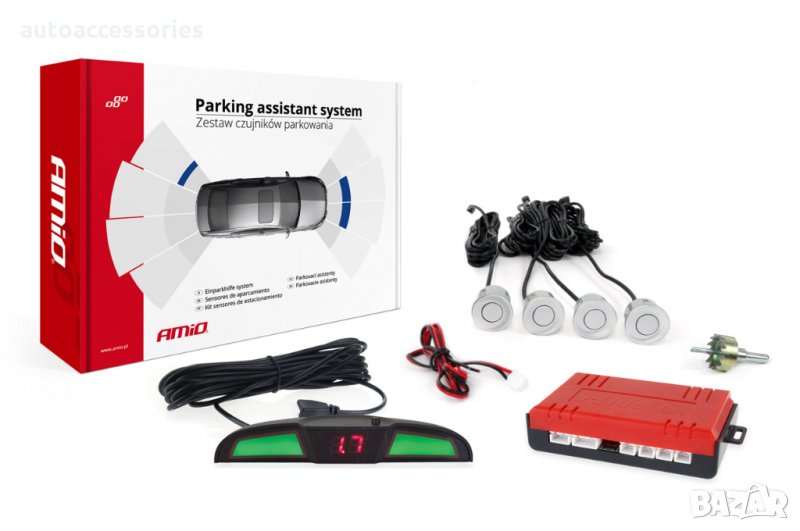 3000051661 Комплект парктроник Amio, Parking sensor, Четири ултразвукови сребристи сензора, С диспле, снимка 1