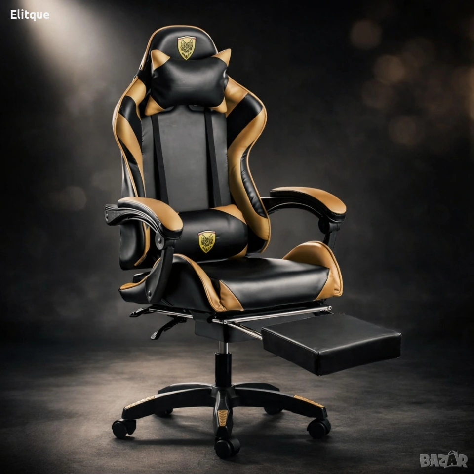 Черен геймърски стол с златисти акценти и разтегляема поставка за крака , снимка 1