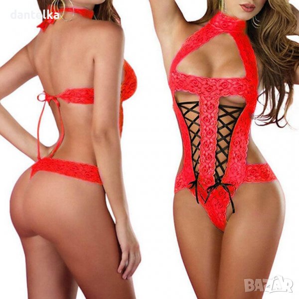 B449 Съблазнително дантелено боди в червен цвят, еротично боди, дамско бельо, евтино секси бельо, снимка 1