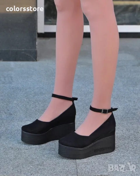 Обувки на платформа - черен велур с черно ходило - 125K, снимка 1