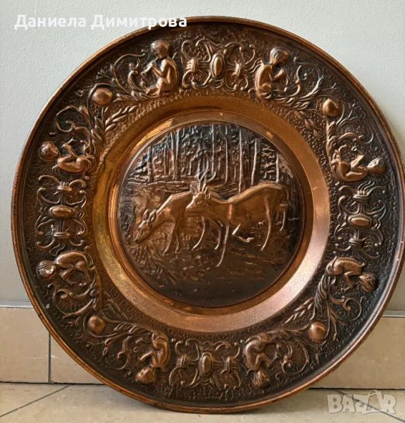 Медна чиния с ловен мотив, снимка 1