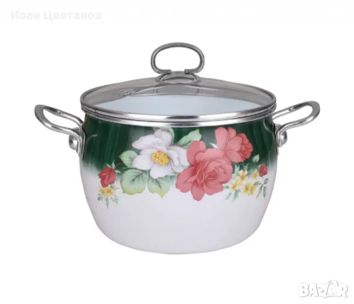 Тенджера Bohmann от емайлирана стомана ,бял с цветя, емайл, снимка 1