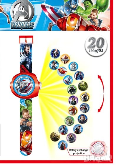 Avengers Отмъстителите герои Капитан Америка Хълк Айрън 3D детски часовник прожектор, снимка 1