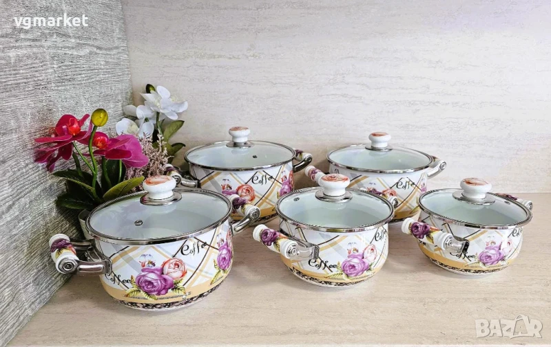 Луксозен комплект тенджери 5 бр. с керамични дръжки., снимка 1