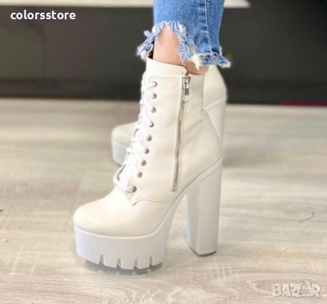 Боти на ток - бяла кожа с бяло ходило (бели връзки) - BT13, снимка 1