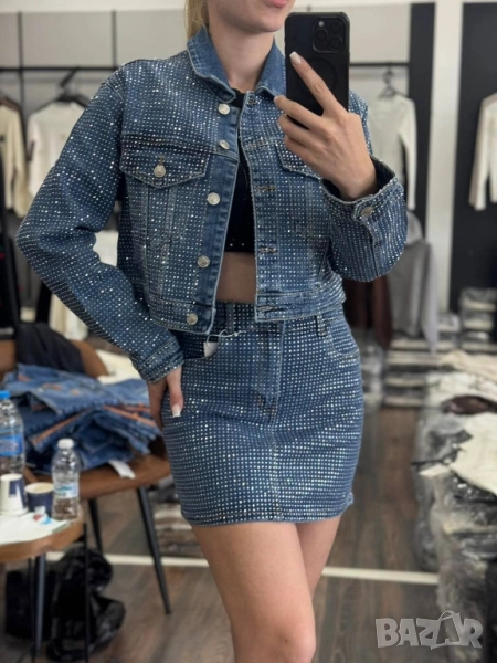 дамски комплекти яке и пола деним с камъни , снимка 1