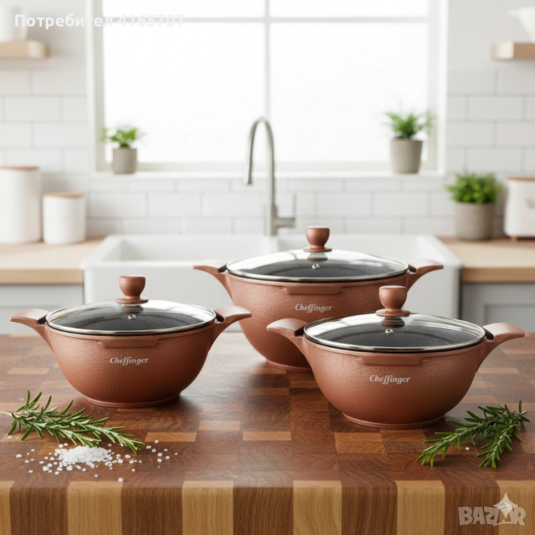 Комплект от 3 тенджери Cheffinger с мраморно покритие 20/24/28 см с капаци – незалепващи съдове за в, снимка 1