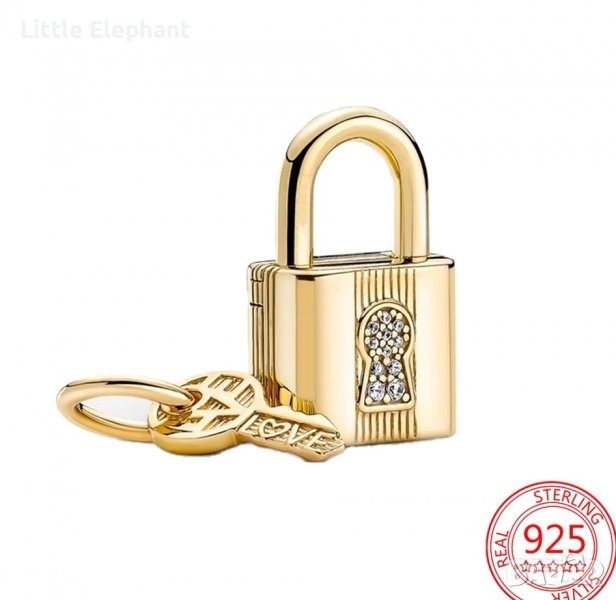  Сребърен висящ елемент Пандора катинар с ключе,"Да пазим любовта си",Gold/нов, снимка 1