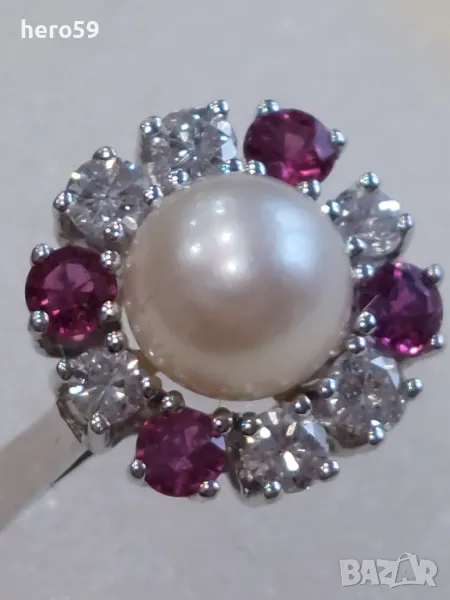 Златен дамски пръстен 585,с натурални брилянти рубини и перла, снимка 1
