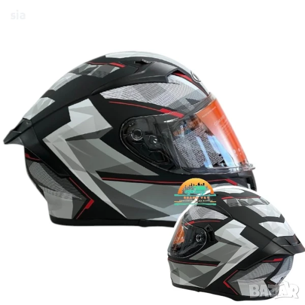 Каска за мотор, Мото шлем, очила и визьор, 4 размера, Сива с червен кант, снимка 1