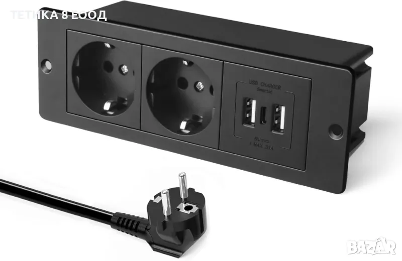 Контакт за вграждане, черен, 2-посочен вграден контакт с 2 USB A порта, 1 USB C, снимка 1