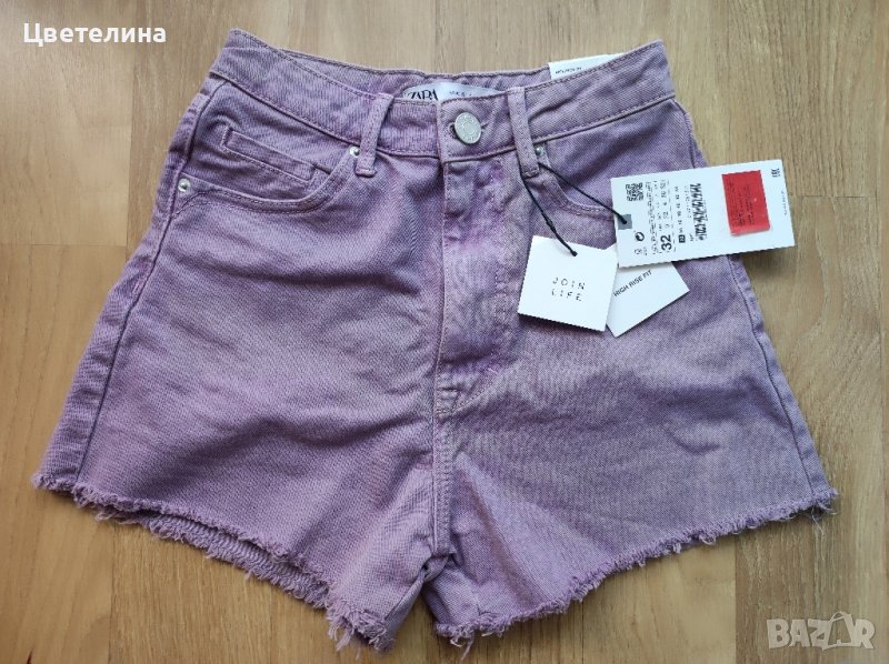 Къси стилни дамски дънкови панталонки в лилав цвят размер 32/XXS на ZARA, снимка 1