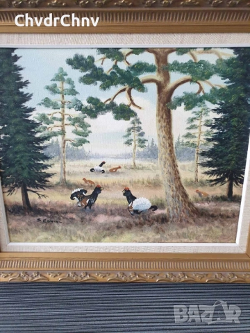 Ritwall 67х57см/стара шведска картина масло върху платно/горски пейзаж-фазани/дървена рамка, снимка 2 - Картини - 51454543