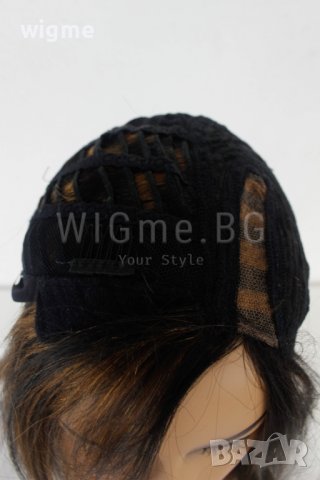 Черна перука от ЕСТЕСТВЕН косъм с кестеняви кичури Селена, снимка 2 - Аксесоари за коса - 37778345