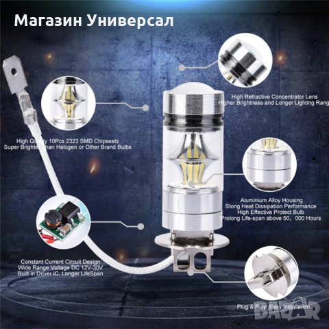 H3 ЛЕД Крушки за автомобил H3 LED Крушка за кола Х3  Без вентилатор, Бяла светлина. ХАШ 3 и H4, H7 , снимка 2 - Аксесоари и консумативи - 29827056