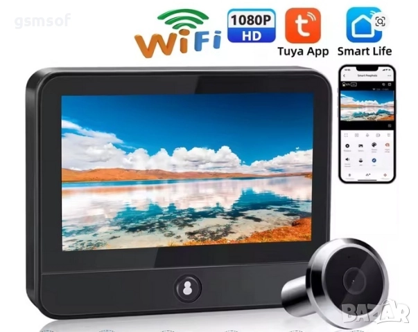 Wi-Fi камера за шпионка с вътрешен дисплей, Full HD, Tuya, Smartlige